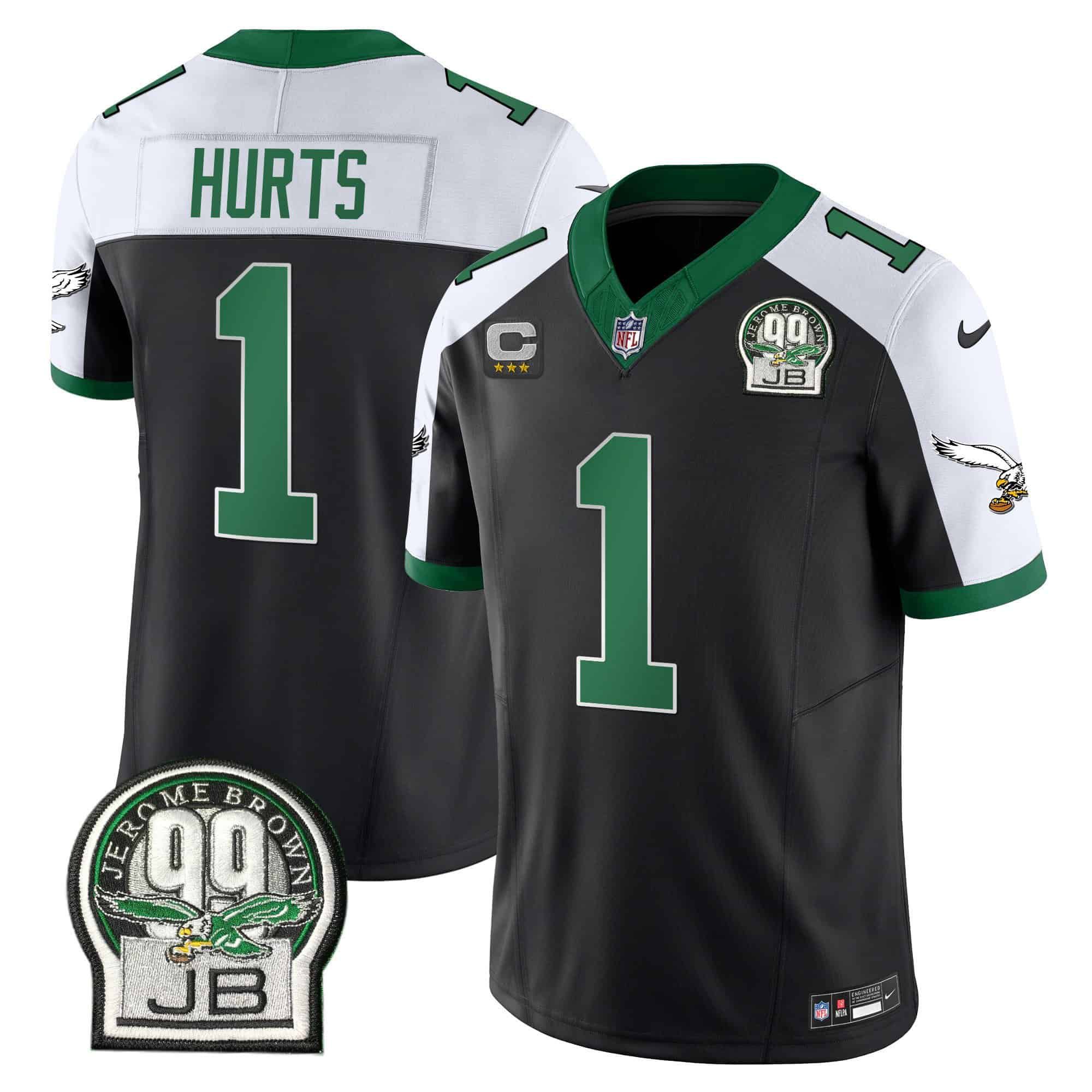 Men Philadelphia Eagles #1 Hurts Black 2024 Nike Jerome Brown Patch Alternate Limited NFL Jersey